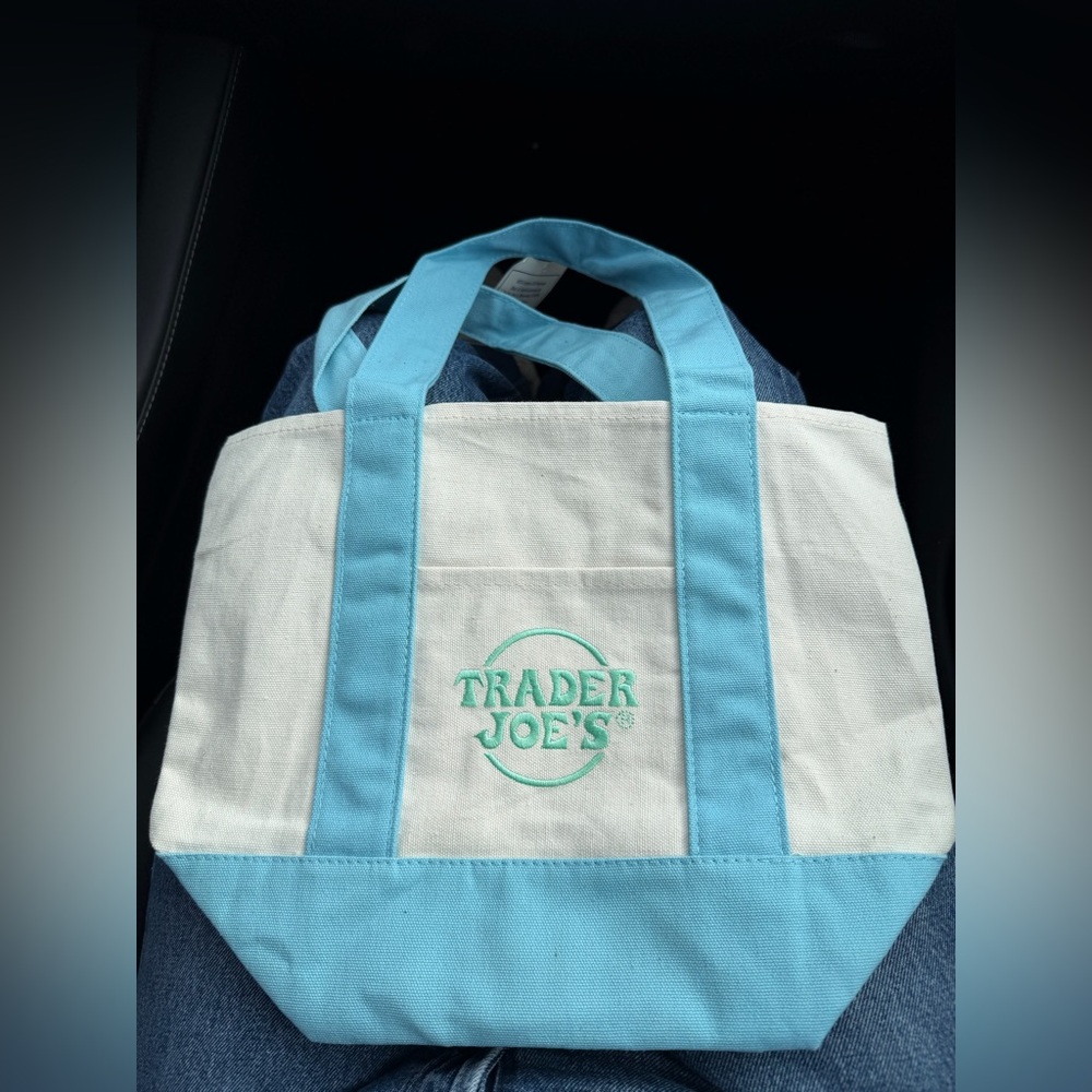 Trader Joe’s mini tote bag blue pastel